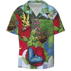 TyEdee Vogel vlinder bloemenprint heren korte mouw jurk shirts met zak casual button down shirts business shirt, Zwart, L