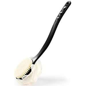Douche Body Brush met borstelharen en Loofah, Back Scrubber Bad Mesh Spons met gebogen lange handgreep voor huid exfoliërend bad, massageharen geschikt voor nat of droog, mannen en vrouwen (zwart)