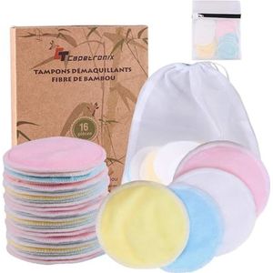 Bamboevezel make-up remover pads 丨 wasbare katoenen make-up remover pads illant (16 stuks) + 2 waszak 丨 Bamboevezel + fluweel (voor- en achterkant) 丨 Wasbaar en herbruikbaar 丨 Biologisch afbreekbare verpakking