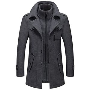 Heren Winterjas,Heren Warme Wollen Jas, Verwijderbare Dubbele Kraag Erwtenjassen Casual Winter Business Slim Fit Jas Plus Katoenen Voering Dikke Pull Outdoor Winddichte Jas