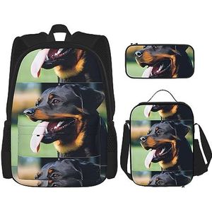 Rottweiler Hond (1) Rugzak met grote capaciteit, lunchtas, pennenzak, 3-delige set voor kantoor, reizen, kamperen, uniseks, Zwart, Eén maat
