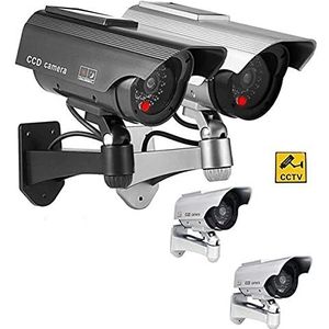 Zonne-energie gesimuleerde dummy beveiligingscamera, bewakingscamera CCTV buiten draadloos waterdicht emulatie IR LED-flitser rode led dummy camera (Zilver)