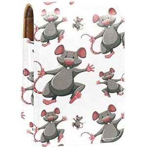 Draagbare Lipstick Case voor op reis, Mini Lipstick Opbergdoos met spiegel voor vrouwen dames, Lederen cosmetische etui Anima Ratten Muizen Patroon Grijs Cartoon, Meerkleurig, 9.5x2x7 cm/3.7x0.8x2.7 in