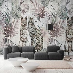 YOZYOOOZ Retro plantenbladeren dieren kat luipaard 3D muurschilderingen scheur en plak zelfklevend behang geschikt voor slaapkamer kantoor decoratie