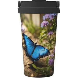 Blauwe vlinder en bloemen print reizen koffiemok lekvrije thermosbeker geïsoleerde beker voor kantoor camping