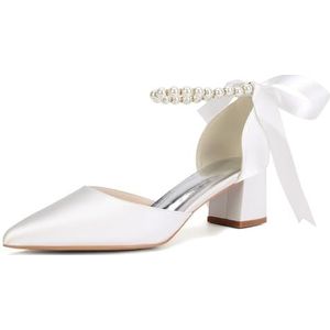 KYEGLO Satijnen Damesschoenen Met Dichte Neus En Dikke Hakken, Sandalen Met Spitse Neus En Middelhoge Hakken Met Parelriempje Om De Enkel - Pumps Voor Feestelijke Gelegenheden En Bruiloften,ivoor,36