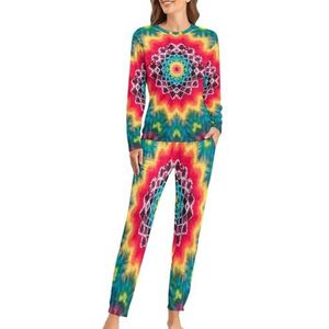 Tie Dye Mandala zachte damespyjama met lange mouwen, warme pasvorm, loungewear sets met zakken, 2XL