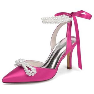 KYEGLO Satijnen Afstudeerschoenen Voor Dames Met Parelstrik, Puntige Neus, Hoge Hak En Parelriempje Om De Enkel, Perfect Voor Bruiloften En Schoolfeesten,Rose,36