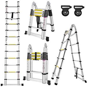 Froadp 380cm Aluminium Telescopische Ladder Opklapbare Vouwladder Multifunctionele Scheve Staande Ladder met 12 Trappen Opgevouwen Hoogte 87cm Antislip Stepladder Laadvermogen 150KG (Zilver)