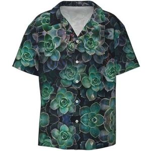 TyEdee Succulent Plants Print Heren Korte Mouw Jurk Shirts met Pocket Casual Button Down Shirts Business Shirt, Zwart, S