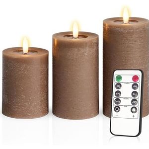 Meisterhome® Set van 3 vlamloze ledkaarsen, coyotenbruin, rustiek design, stompkaars, met afstandsbediening, met timer, werkt op batterijen, warmwit, 10/12,5/15 cm hoog, met flikkerende vlam