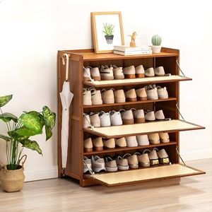 Smal Schoenenrek Kabinet， Moderne bamboe rotan schoenenkast met opklapbare deuren, slanke schoenenopbergruimte(80 * 33 * 115cm)