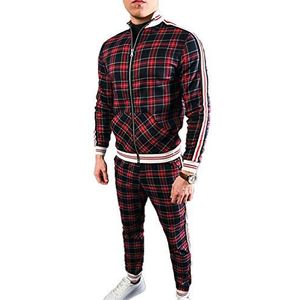 Keephen Trainingspak voor heren, tops + broek, diagonaal geruit patroon, rits, jassen pak, rood, L