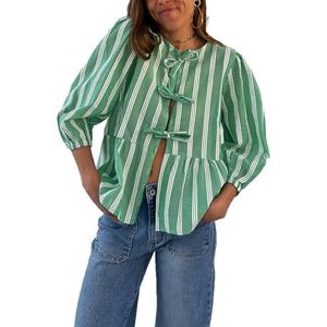 Vrouwen Tie Front Tops Puff Sleeve Babydoll Shirts Y2K Leuke Ruffle Peplum Uitgaan Top Blouse Trendy Kleding (Color : Green stripes D, Size : Small)