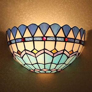 Tiffany -Stijl Wandlamp Glas Lampenkap Blauw En Witte Getinte Wandlampen Mediterrane Stijl Nachtlichten