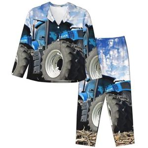 JEJEA Boerderij Tractor print Comfy 2 Stuk Nachtkleding Lounge Set Pyjama Set Lange Mouw Nachtkleding Nachtkleding, Zwart, S