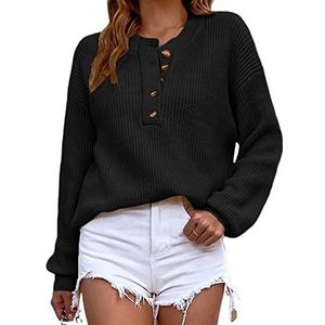 Dames pullover ronde hals knopen pullover oversized effen lange mouwen casual gebreide kleding, zwart, Large