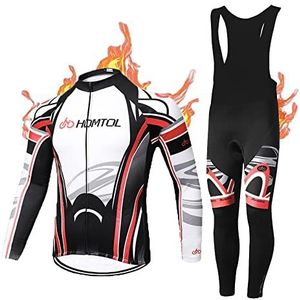 HOMTOL Fietsshirt set lange mouwen heren thermische fleece winter fietskleding wielersportpakken fietsshirt met thermische fleece voering fietsbroek met zitkussen + 9D gel voor fietsen, MTB outdoor,