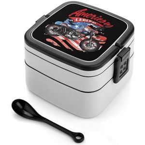 Motorfiets Amerikaanse Vlag Bento Lunch Box Dubbellaags Alles-in-een Stapelbare Lunch Container Inclusief Lepel met Handvat