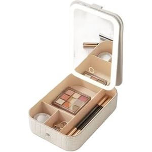 Vrouwen Make-up Tas Met Spiegel Oplaadbare Reizen Cosmetische Doos 3-Kleur LED Verlichting Sieraden Lippenstift Schoonheid Make-up Opslag Case, L Wit, Eén maat