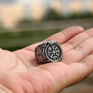 Noordse Viking heren drakenkompas rune ringen, vintage handgemaakte gepolijste vintage punk gotische stijl zegelring sieraden (Size : 8)