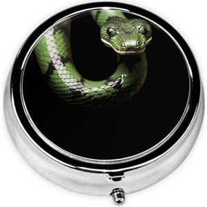 Groene slangenprint pillendoos, ronde metalen pillendoosje met 3 compartimenten, draagbare mini-pillenorganizer, schattige pillencontainer voor zakportemonnee, kantoor, reizen