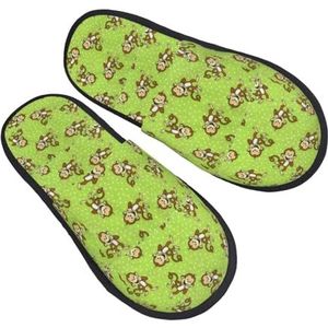ZaKhs Groene slimme aap print vrouwen slippers antislip fuzzy slippers leuke huis slippers voor binnen en buiten, Zwart, Large Wide