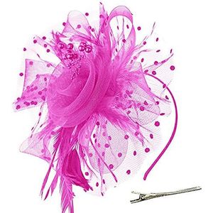 OUHO Fascinator dameshoed bloem mesh veren clip hoofdtooi haaraccessoires voor party kerk bruiloft cocktail jockeyclub (roze)