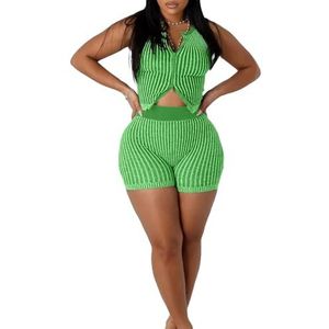 GKEIOSHQIL Korte sets dames 2-delige outfits mouwloze crop top met rits en shorts Slim Fit gestreepte gebreide set,Groen,L