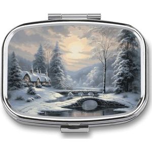 Pillendoos 2 compartimenten medicijn pillendoosje winter sneeuw scène gedrukt draagbare pillendoos reizen pillenorganisator voor zak portemonnee dagelijkse geneeskunde vitamine doos visolie doos