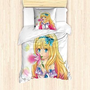 ABAKUHAUS Anime Dekbedovertrekset, Manga beeldverhaalkunstwerk, Decoratieve 2-delige Bedset met 1 siersloop, 135 cm x 200 cm - 80 x 80 cm, roze Geel