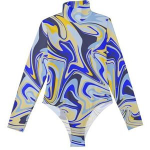 LI ZHI XIN Bodysuits voor dames, lange mouwen, eendelige jumpsuit met hoge hals, coltrui, turnpakje, top voor meisjes, dans, workout, fitness, bodysuit artistieke graffitipatronen, goudblauw