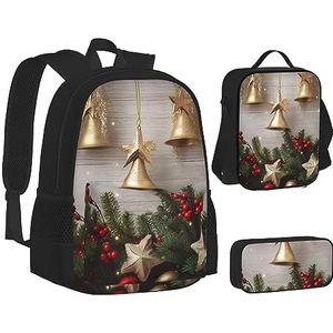 BTCOWZRV 3 Pack Canvas Kerstboom en Bells Rugzak, Schoudertas voor Vrouwen Mannen, met Lunchbox Potlood Case
