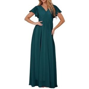 Bruidsmeisjesjurken met korte mouwen voor bruiloft, geplooide chiffon, formele avondfeest, maxi-jurk, V-hals, AH153, Turkoois, 32