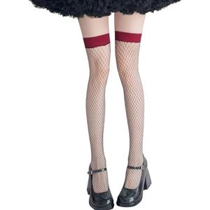 AJTUTUS Ademend Mesh Over De Knie Sokken Voor Vrouwen Antislip Brede Elastische Band Top Visnetten Dij Hoge Lange Lingerie Kousen, Rode Mond Zwart Net, One size