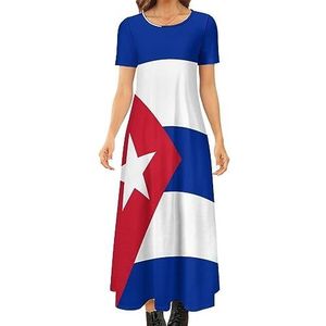 Vlag van Cuba dames zomer casual korte mouw maxi-jurk ronde hals bedrukte lange jurken 7XL