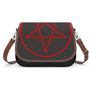 Bedrukte Crossbody Tas voor Vrouwen Leren Schoudertas Boho Klassieke Stadstas met Modieus Patroon Rode Pentagram Cirkel