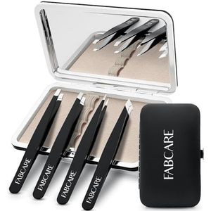 FABCARE Wenkbrauwpincet (gehoekt) incl. etui - verbeterde punt - professionele wenkbrauwpincet met anti-slip coating - ontharing pincet met spiegel
