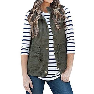 HAEMMA dames casual vest slim fit opstaande kraag ritssluiting slinger button klassiek cardigan mouwloos jas Loose Plus Cargo Top Outwear