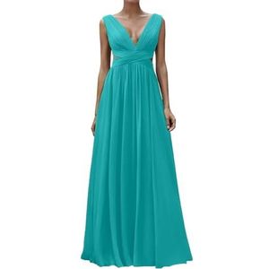 Diepe V-hals Prinses Bruidsmeisjes Jurken Chiffon Galajurken met Split Formele Avondjurk ZM195, Aqua, 32