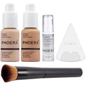 Phoera Foundation make-upset met volledige dekking - Inclusief Nude & Buff Beige 30 ml Matte Foundation, 6 ml gezichtsprimer PLUS vloeibare foundationborstel en siliconen blenderspons voor eenvoudige