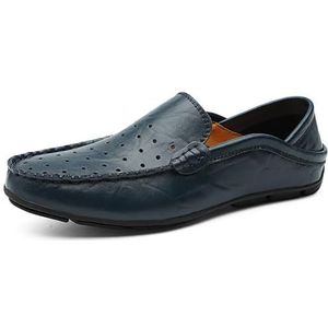 Heren loafers schoen geperforeerd ademend uitgeholde loafers flexibele lichtgewicht platte hak bruiloft instapper (Color : Blue, Size : 42 EU)