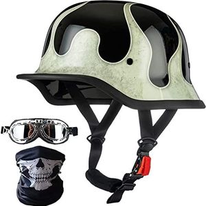 Motorhelm in Duitse stijl met gezichtsmasker en veiligheidsbril, volwassen schedelkap halve helm DOT goedgekeurde heren en dames retro halve schaalhelm voor Street Cruiser Scooter Chopper Decoration