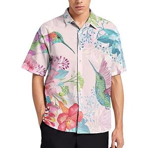 Hawaiiaanse shirt met tropische bloemen en kolibries voor mannen, zomer, strand, casual, korte mouwen, button-down shirts met zak