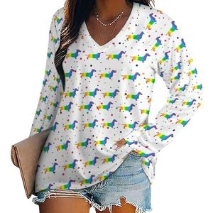 Regenboog Daschund dames casual T-shirts met lange mouwen V-hals bedrukte grafische blouses Tee Tops L