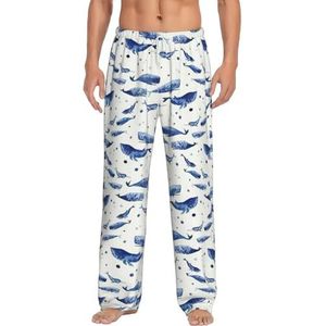 Kleine Blauwe Walvis Zwemmen Mannen Lange Lounge Wear Broek Nachtkleding Pyjama Bodems Nachtkleding Met Zakken En Trekkoord, Wit, S