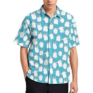 Pinguïn Patroon Mannen Korte Mouw T-Shirt Causale Button Down Zomer Strand Top Met Zak