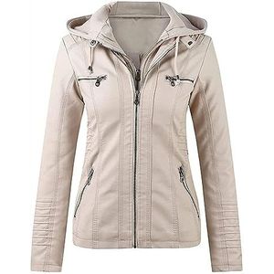 Kunstleren Jas Leren Jas Dames Capuchon Kunstleren Jas Herfst Winter Motorjas Buitenkleding Bikerjack Met Rits Overgangsjack Outdoorjack(Beige,7XL)