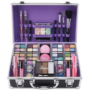 Bliss make-upkoffer met veganistische make-upproducten – Complete make-upkoffer met oogschaduw, blush, lippenstift, wenkbrauwwax en -poeder, kwasten - Organizer voor make-upkoffer met aluminium frame