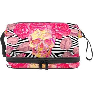 Schedel en rozen met abstracte zwart-witte strepen, dubbellaagse make-uptas voor dames en meisjes, reistoilettas, make-up, handige opbergtas, organizer tas met borstelvak, Meerkleurig, 27x15x14